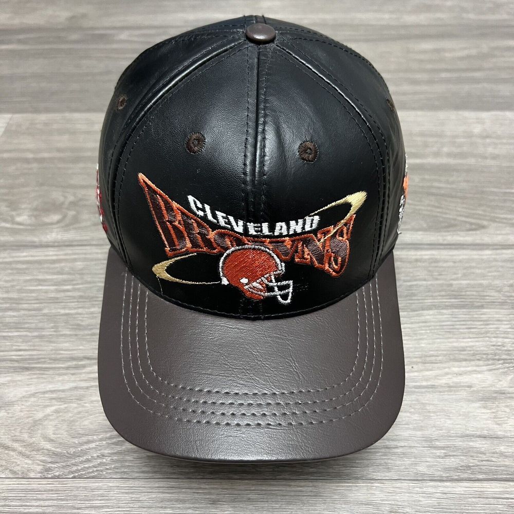 Vintage 90s Cleveland Browns Leather‎ Hat Black Strap Back NFL Football Logo